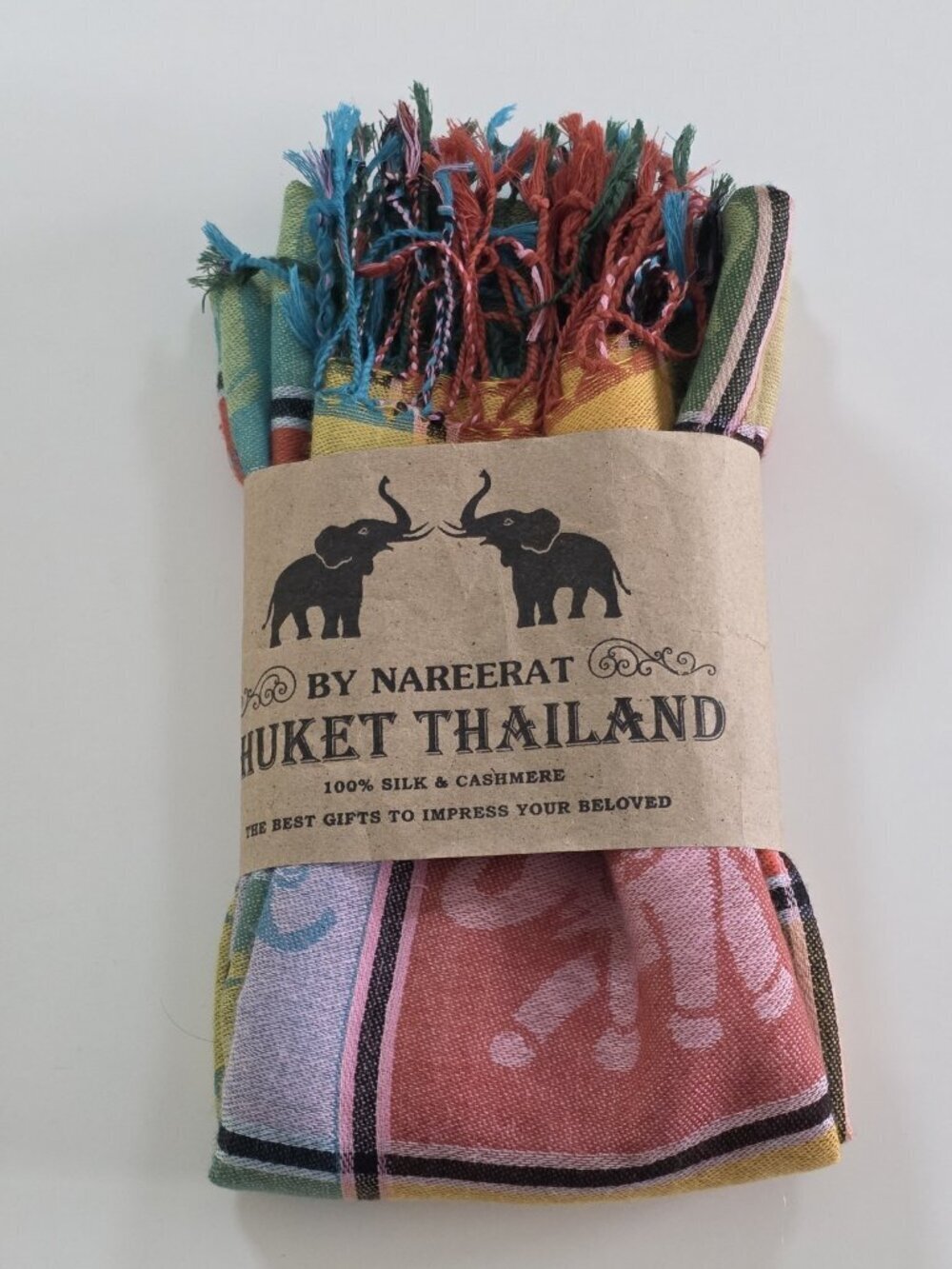 Nareerat Cashmere Pashmina Scarf 27 x 68 Inches Multicolor Elephant Print Fringe